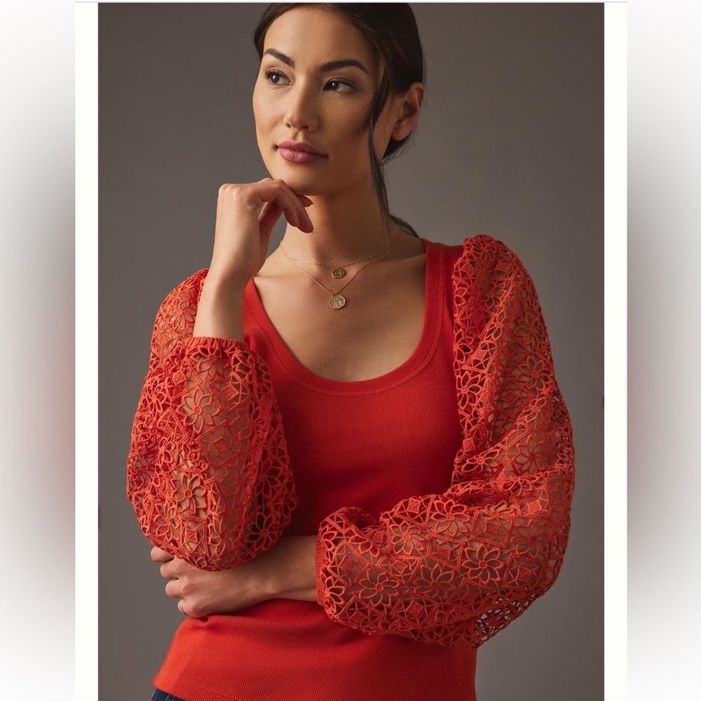 Anthropologie Maeve Lace Crochet Sleeve Ribbed Top Size M Tomato Red Romantic